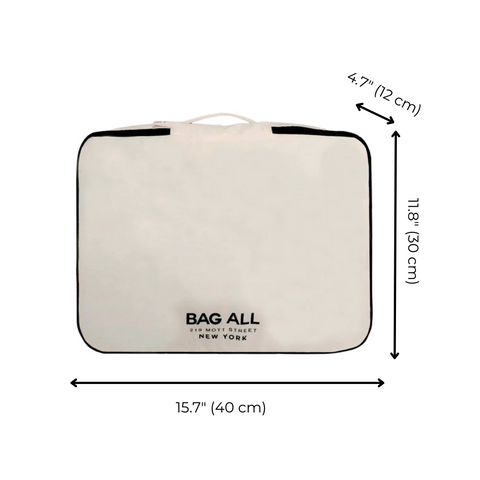 Bag-all Large Double Sided Packing Cube in Cream - spacious travel organizer with two compartments and shoe pocket, featuring measurements 15.7" x 11.8" x 4.7