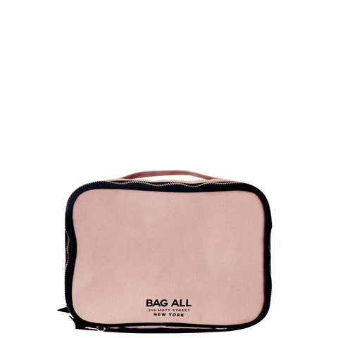 Pink blush double-sided multi-use case with zippered mesh pocket and elastic straps for organized storage.