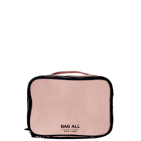 Pink blush double-sided makeup case with black trim and monogram, compact and travel-friendly design by Bag All