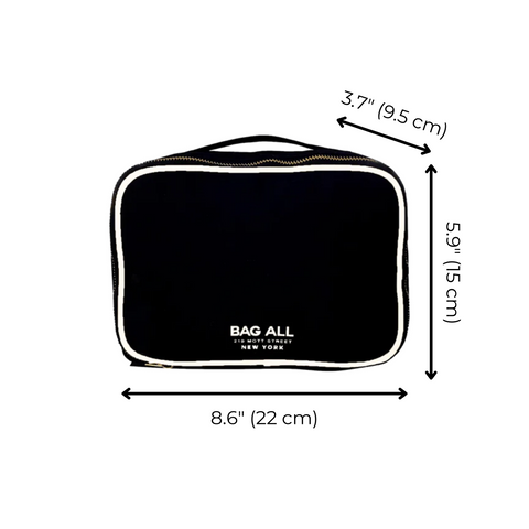 Bag-all Double Sided Multi Use Case in black with white trim, featuring dual zippers and dimensions 8.6 x 5.9 x 3.7 inches, perfect for organizing makeup, crafts, or travel essentials