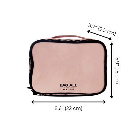 Bag-all Double Sided Toiletry Case in Pink/Blush with black trim, dual zipper compartments and measurements 8.6" x 5.9" x 3.7", perfect for travel organization
