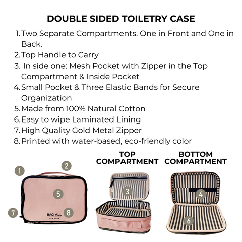 Bag-all Double Sided Toiletry Case in Pink/Blush features dual compartments, cotton construction, laminated interior, gold zippers, mesh pockets, and elastic organizers for travel essentials
