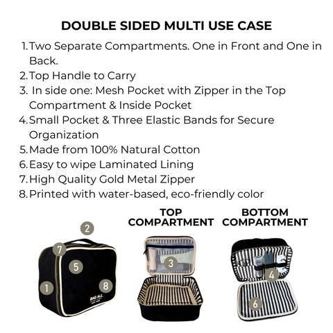 Bag-all Double Sided Multi Use Case in black with two compartments featuring gold zippers, mesh pocket, elastic bands, and striped interior. Perfect for makeup, crafts, or travel organization.