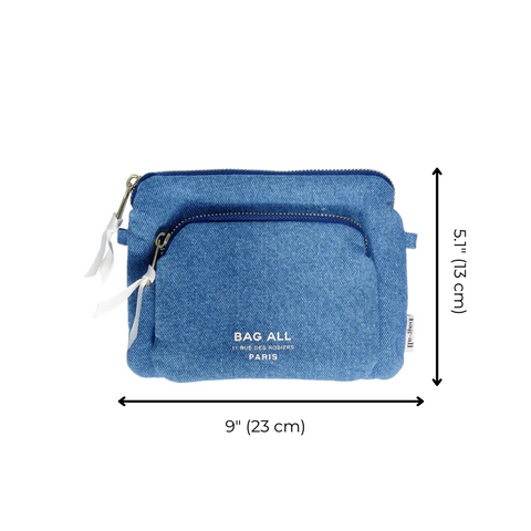Bag-all Padded Trinket Pouch Double Pocket Denim featuring dual compartments, zipper closure, 23cm width, blue denim fabric, perfect for organizing small essentials