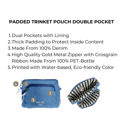 Bag-all Padded Trinket Pouch Double Pocket in denim featuring dual compartments, eco-friendly materials, striped lining, and gold zipper closure for organized storage of essentials.