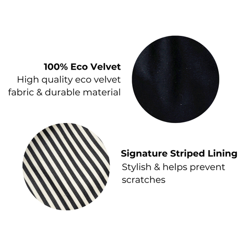 Black eco velvet fabric and signature striped lining detail of Bag-all drawstring headphone tech pouch interior