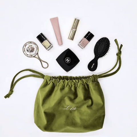 Drawstring Makeup Organizing Bag, Monogram, Green Velvet