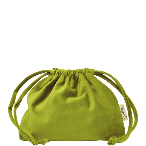 Green velvet drawstring pouch for headphones and tech accessories by Bag-all, soft compact organizer for cables and chargers