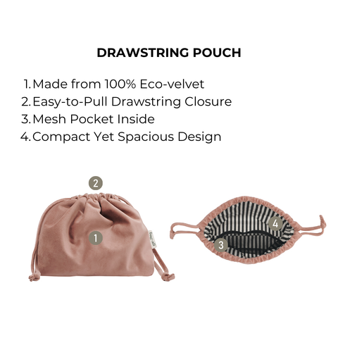 Pink velvet drawstring makeup bag with mesh pocket, eco-velvet material, compact design by Bag-all for easy organizing.