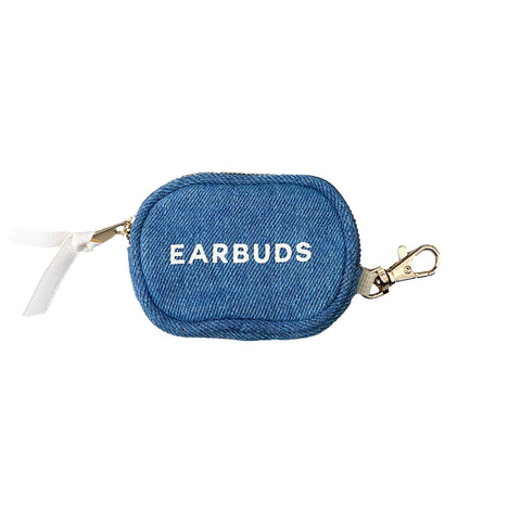 Bag-all Denim Earbuds Case with gold clasp and white zipper - compact protective cotton pouch for AirPods featuring white EARBUDS text and stylish piping detail