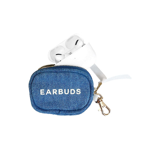 Bag-all Denim Earbuds Case with white airpods, gold clasp and zipper. Compact protective pouch featuring embroidered text and white piping detail.