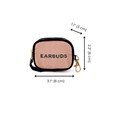 Bag-all Pink Cotton Earbuds Case with gold clasp and zipper, black piping, sized 3.1x2.3x1.1 inches, featuring EARBUDS text on blush canvas exterior