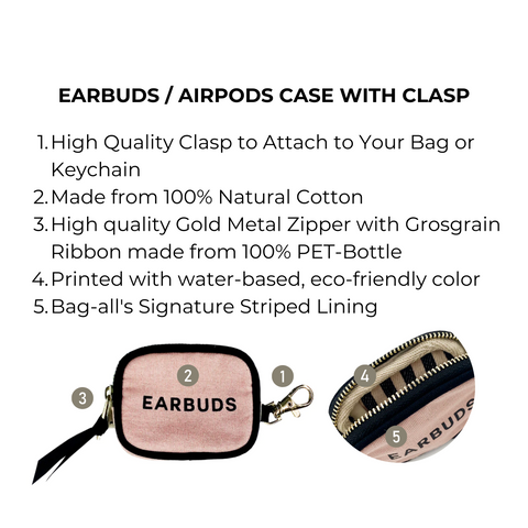 Bag-all Pink Earbuds Case with gold clasp features natural cotton construction, gold zipper, black piping, and signature striped lining for stylish earbud protection and organization