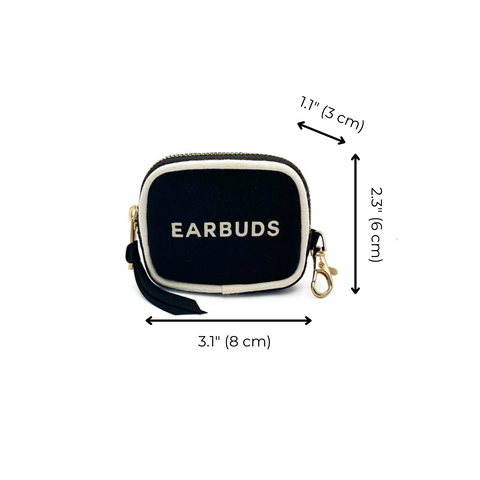 Bag-all Black Earbuds Case with gold clasp and white piping - compact protective zipper pouch measuring 3.1 x 2.3 inches, featuring 'EARBUDS' text in white lettering