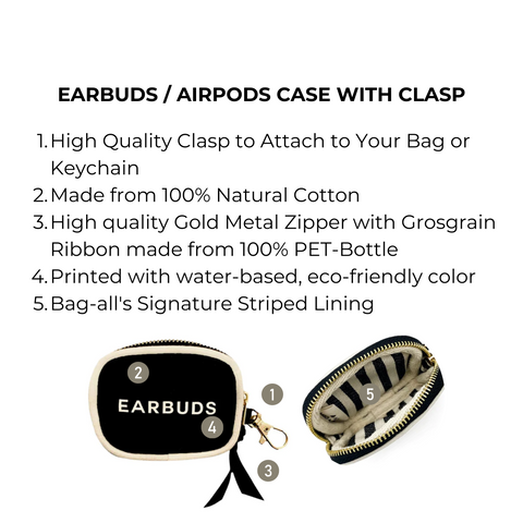 Bag-all Black Earbuds/Airpods Case with gold clasp features natural cotton construction, striped lining, and eco-friendly zipper. Compact protective storage for easy access and organization.