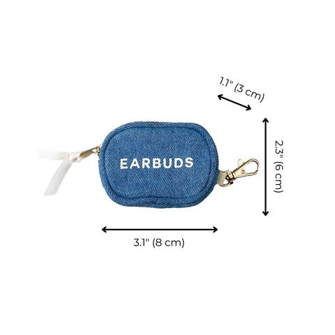Bag-all Denim Earbuds Case with gold clasp and white lettering, featuring zipper closure and measurements of 3.1" x 2.3". Compact protective storage for AirPods and earphones.