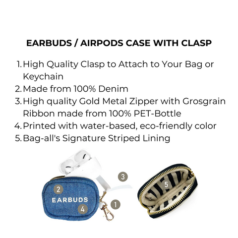 Bag-all Denim Earbuds Case with gold clasp and zipper closure, featuring striped lining and eco-friendly materials. Compact protective storage for AirPods with convenient attachment option.