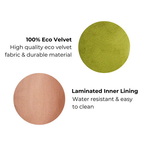 Bag-all Small Beauty Box in Green Velvet features eco-friendly fabric and water-resistant laminated inner lining, perfect for sustainable makeup and accessory storage