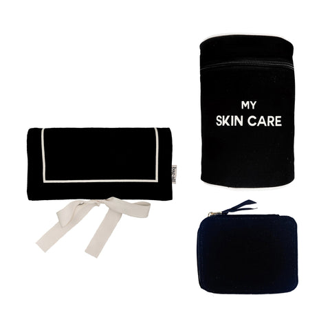 Bag-all Essential Gift Set Deal 3-Pack Black: Round skin care case, jewelry roll pouch, and pill organizing case in sleek black cotton with white trim for stylish travel organization