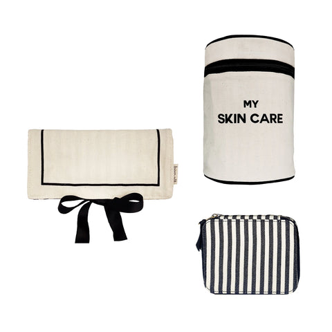 Bag-all Essential Gift Set Deal 3-Pack Cream featuring skincare case, jewelry roll, and striped organizing pouch in natural cotton with black trim