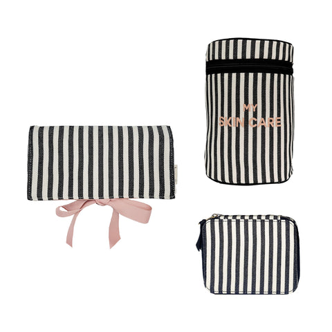 Bag-all Essential Gift Set Deal 3-Pack Striped featuring black and white striped cotton organizers: jewelry roll with pink bow, skincare case, and pill case for travel and home storage