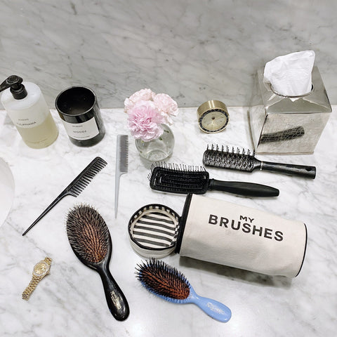 Bag-all Cream Cylinder Brushes Case - stylish cotton storage solution for makeup brushes, featuring black piping and striped interior, perfect for travel organization.