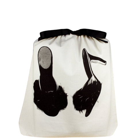 Bag-all Feather Slippers Shoe Bag in cream featuring black silhouette design of furry slippers, drawstring closure, perfect for storing and traveling with multiple pairs of slippers