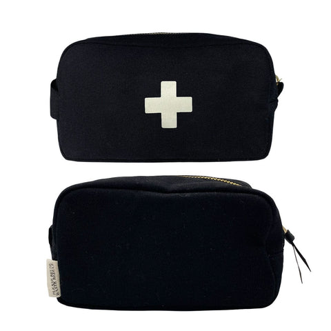 Bag-all First Aid Organizing Pouch in black cotton with white cross, striped interior lining, zipper closure - perfect for emergency essentials and travel medical storage