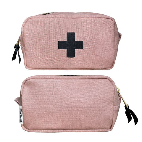 Bag-all First Aid Organizing Pouch in blush pink cotton with black medical cross, laminated interior, zipper closure, perfect for organizing medical essentials and travel