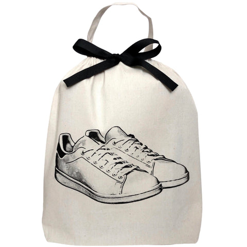 Bag-all Shoe Bags Set featuring cream cotton travel organizers with black bow and sneaker illustration, perfect for protecting footwear during travel