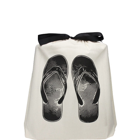 Bag-all Cream Cotton Shoe Bag with Black Flip Flops Print and Bow Tie Closure, Perfect for Beach Travel Organization