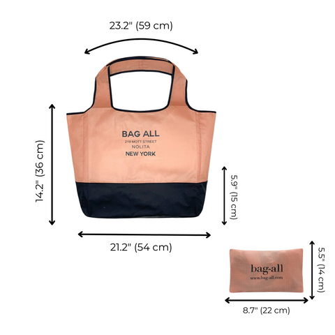 Bag-all Folding Shopping Bag in pink and black with zipper pocket pouch, featuring product dimensions and compact storage size when folded into attached case