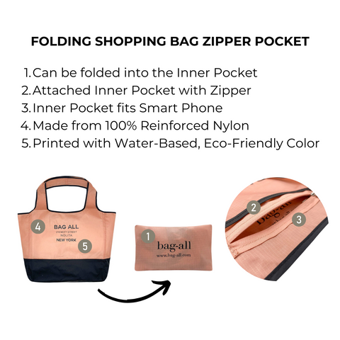 Bag-all Folding Shopping Bag with Zipper Pocket Pouch in pink and black, featuring collapsible design, reinforced nylon construction, and smartphone-compatible inner pocket with eco-friendly printing