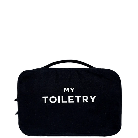 Bag-all Folding Hanging Toiletry Case in black cotton with MY TOILETRY text, featuring three compartments and hanging design for organized travel storage