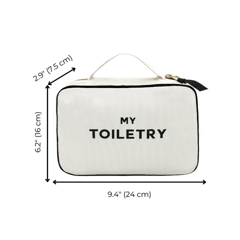 Bag-all Folding/Hanging Toiletry Case in cream with 'MY TOILETRY' text, featuring black trim, handle strap, and dimensions 9.4" x 6.2" x 2.9" - perfect for organized travel storage