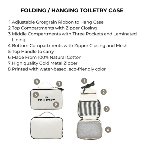 Bag-all Folding/Hanging Toiletry Case in cream featuring 3-tier compartments, eco-friendly cotton construction, adjustable hanging ribbon, and gold metal zippers for organized travel storage