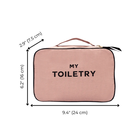 Bag-all Folding Toiletry Case in blush pink with My Toiletry text, featuring hanging strap and compartments, measures 9.4x6.2x2.9 inches, perfect for travel organization