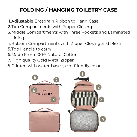 Bag-all Pink Folding/Hanging Toiletry Case with three-tier compartments, mesh bottom, striped middle section, cotton construction, and adjustable hanging ribbon in blush color. Features gold zippers and carrying handle.