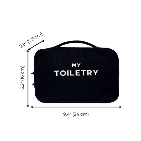 Bag-all Black Folding Toiletry Case with "MY TOILETRY" text in white, featuring dimensions 9.4" x 6.2" x 2.9", perfect for travel organization and bathroom storage
