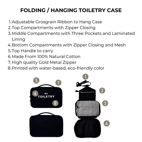 Bag-all Folding/Hanging Toiletry Case in black cotton featuring three compartments, mesh pocket, adjustable hanging ribbon, and gold metal zippers. Perfect travel organizer with foldable design.