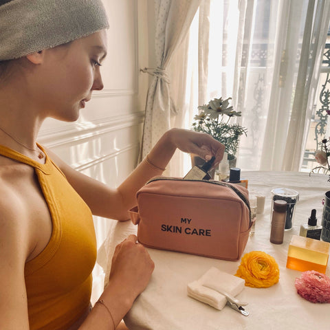 Bag-all My Skin Care Organizing Pouch in pink blush, made of natural cotton with waterproof lining, perfect for storing and organizing skincare products at home or while traveling