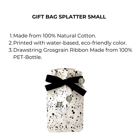 Bag-all Gift Bag Splatter Small - Eco-friendly cotton gift bag with black and white splatter design, black ribbon drawstring. Sustainable reusable gift wrapping solution