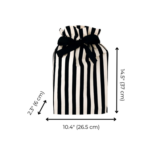 Bag-all Gift Bag Striped Medium - Reusable black and white vertical striped cotton gift bag with black bow closure, featuring elegant design and eco-friendly construction