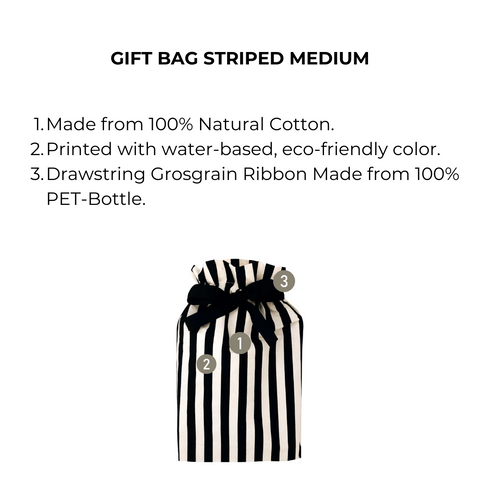 Bag-all Gift Bag Striped Medium: Eco-friendly reusable cotton gift bag with black and white stripes and recycled PET ribbon drawstring closure for sustainable gift wrapping