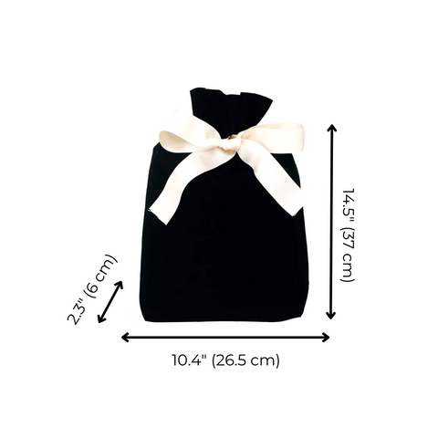 Bag-all Gift Bag Black Medium: Elegant reusable fabric gift bag in black cotton with cream bow, featuring drawstring closure and dimensions 14.5" x 10.4" x 2.3