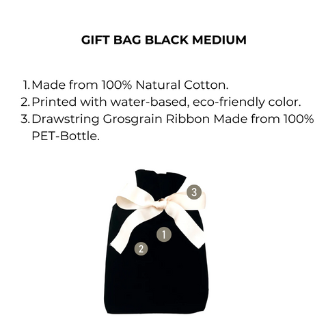 Bag-all medium black reusable cotton gift bag with eco-friendly print and recycled PET ribbon drawstring, perfect for sustainable gift wrapping