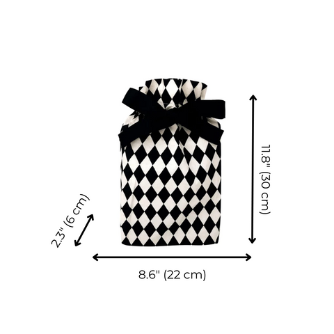 Bag-all Gift Bag Diamond Small - Black and white diamond patterned reusable fabric gift bag with bow, measuring 11.8x8.6x2.3 inches, eco-friendly gift wrapping solution