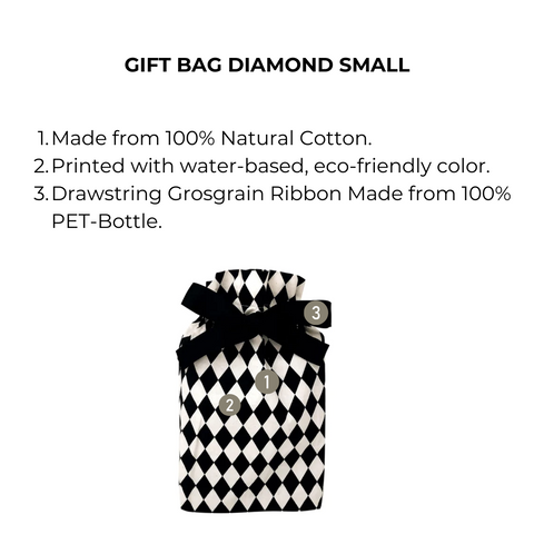 Bag-all Gift Bag Diamond Small: Eco-friendly cotton reusable gift bag with black and white diamond pattern and recycled PET ribbon drawstring, perfect for sustainable gift wrapping