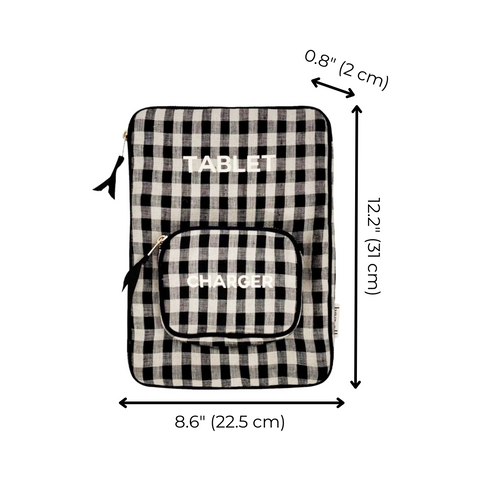 Bag-all Tablet Case 11" in black and white gingham pattern with charger pocket. Padded sleeve features zipper closure and measurements 12.2" x 8.6". Front pocket labeled "Charger".