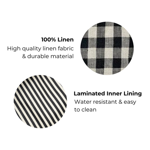 Bag-all My Makeup Pouch in black and white gingham linen with water-resistant striped laminated interior, perfect for cosmetics storage and travel organization